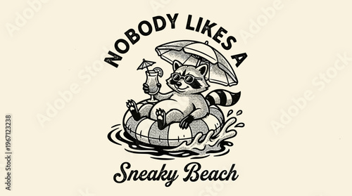 Raccoon on inflatable raft relaxing.