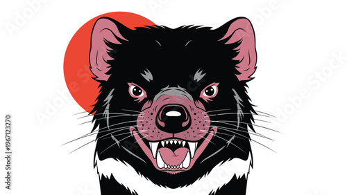 Aggressive Tasmanian devil head is shown with an open mouth and sharp teeth against a large red circular sun background.