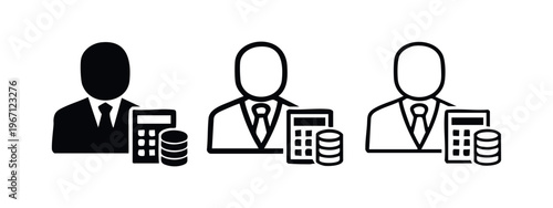 Business Person with Calculator and Coins Icon Set - Financial Accounting and Budget Management Symbol