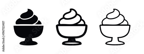 Soft serve ice cream sundae icon set. Swirled frozen dessert in a classic glass cup or bowl.
