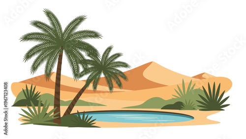 Serene desert oasis featuring a calm water pool surrounded by palm trees and green plants against sandy dunes.