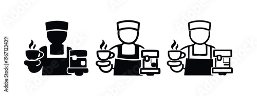 Barista and coffee machine icon set. Avatar serving hot coffee with an espresso machine and payment device.