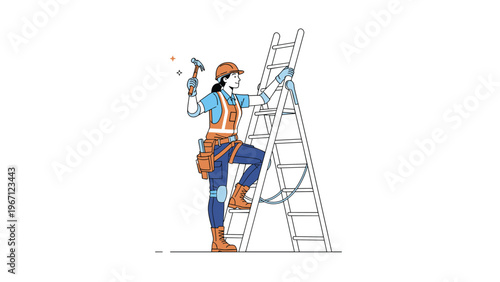 Professional female construction worker wearing a safety vest and helmet climbing a ladder with a hammer in hand.