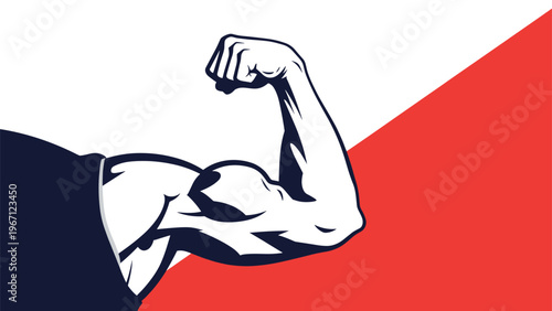 Silhouette of a powerful muscular arm flexing the bicep against a minimalist white and red diagonal background.