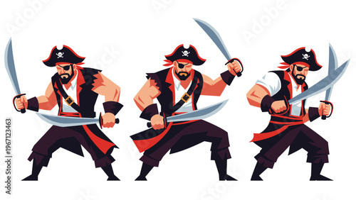 Group of three rugged pirate characters in classic attire holding cutlass swords in various defensive and offensive poses.