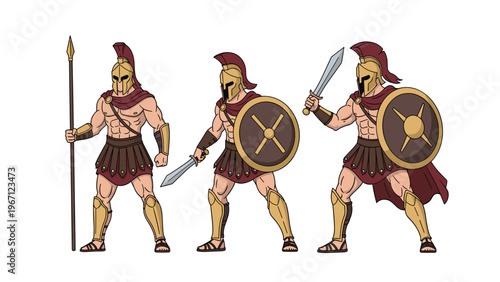 Illustration of ancient Spartan warriors in golden armor holding spears, swords, and shields in different combat stances.