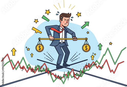 Stressed businessman balancing financial scales, a vector illustration of market volatility and investment risk. Financial management and economic uncertainty concept art.