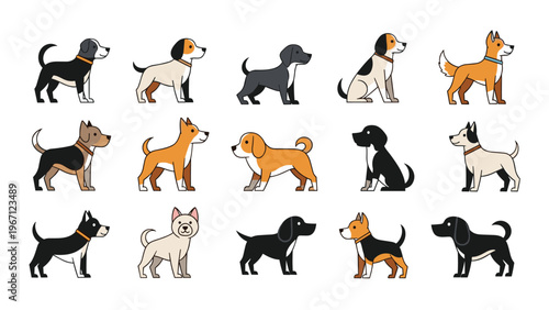 Large collection of diverse dog breeds in various colors and sizes presented in a simple side profile illustration style.