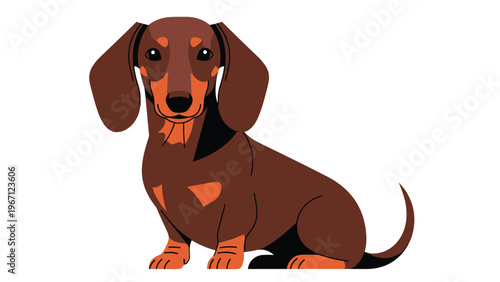 Cute brown dachshund dog sitting and looking forward with its distinctive long body, short legs, and floppy ears on white.