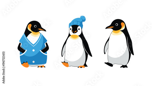 Trio of cute penguin characters where one is wearing a blue sweater and another a blue winter hat against a plain background.