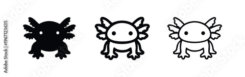 Axolotl icon set. Cute cartoon axolotl silhouette and outline vector illustration isolated on white background.