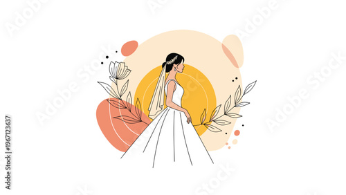 Elegant bride in profile wearing a white wedding gown and floral crown against an abstract background of warm autumn shapes.