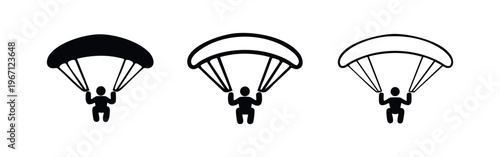 Parachuting icon set. Skydiver with parachute, silhouette and outline vector illustration isolated on white background.