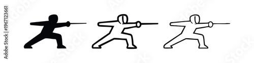 Fencer icon set. Athlete in fencing uniform holding a sword, silhouette and outline vector illustration.