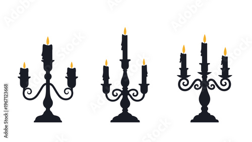 Three elegant black candelabras holding lit candles with golden flames in a silhouette-like illustration style.