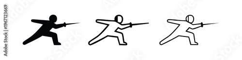 Fencer icon set in dynamic pose. Athlete in fencing uniform holding a sword, silhouette and outline vector illustration.