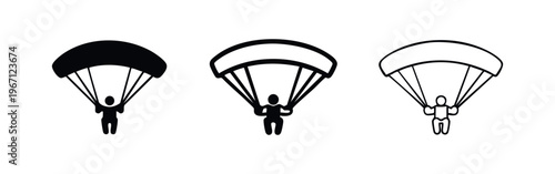 Parachuting icon set with simplified person. Skydiver with parachute, silhouette and outline vector illustration.