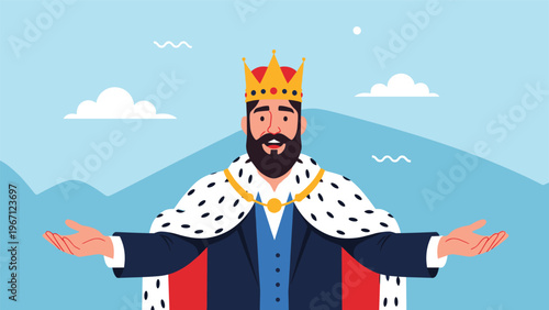 Friendly cartoon king with a crown and royal ermine-trimmed cape welcoming with open arms against a mountain backdrop.