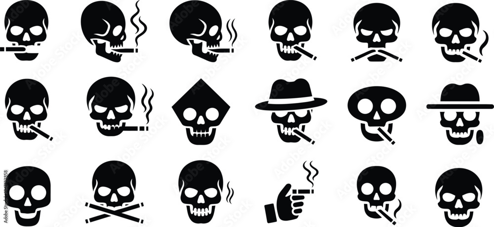 Obraz premium Silhouette skull and smoking icons set. Death head with cigarette, toxic habit, warning symbol, and danger sign vector illustration
