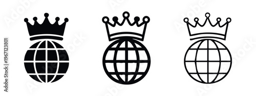 Global leadership and royalty icon set. World crown symbol illustration for international power.