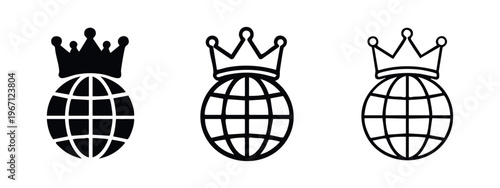 World globe with a crown icons. Global power, monarchy, and international leadership symbols.