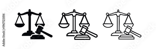 Scales of justice and gavel icons. Law, court, and judgment symbols.