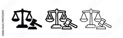 Law and justice symbols with scales and gavel. Courtroom judgment icon set.