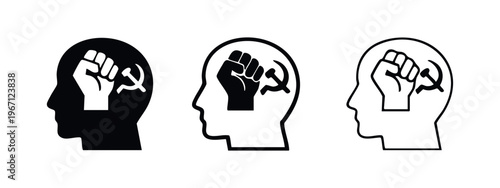Communist ideology and revolutionary mindset icons. Head silhouette with hammer and sickle.