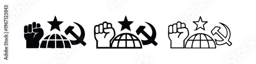 Communist and socialist revolution icons. Raised fist, globe, hammer and sickle symbols.