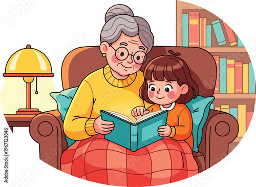 Grandmother reading storybook to granddaughter, cozy family moment, intergenerational bonding, educational children's illustration, vector art for learning and literacy