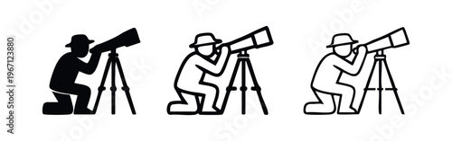 Person Looking Through Telescope Icon Set, Astronomy, Observation and Exploration Symbol