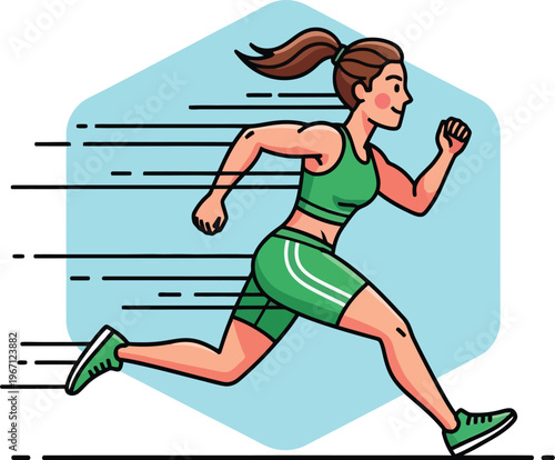 Dynamic female runner vector illustration, athletic woman jogging in green sportswear, fast-paced fitness and healthy lifestyle graphic, active sport and exercise concept art
