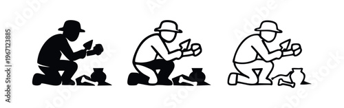 Archeologist Excavating Pottery Icon Set, History, Discovery and Research Symbol