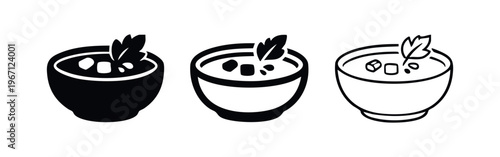 Bowl of Soup with Garnish Icon Set. Hot meal vector illustration in solid, outline, and thin line styles.