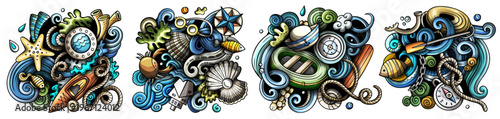 Marine cartoon vector doodle designs set. Colorful detailed compositions with lot of maritime objects and symbols. Isolated on white illustrations