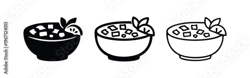 Bowl of Diced Food or Salad Icon Set with Citrus Garnish. Healthy meal vector illustration in solid, outline, and thin line styles.