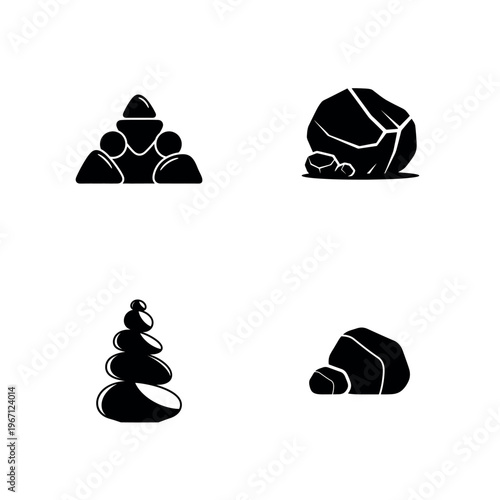 Zen Balancing Stone and Rock Pile Silhouette Vector Icon Set