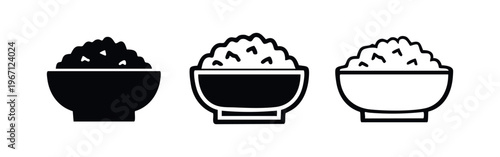 Classic Bowl of Rice Icon Set. Cooked staple food vector illustration in solid, outline, and thin line styles.