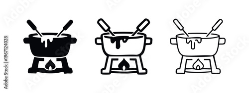 Classic Fondue Pot Icon Set with Dipping Forks. Hot melted dish vector illustration in solid, outline, and thin line styles.