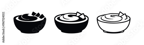 Dessert Cup with Cream and Garnish Icon Set. Sweet treat vector illustration in solid, outline, and thin line styles.