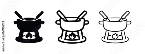 Fondue Pot with Forks Icon Set. Melting cheese or chocolate dish vector illustration in solid, outline, and thin line styles.