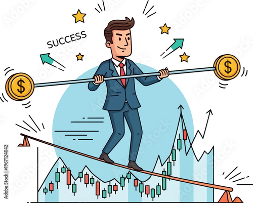 Business success balance, financial growth strategy, investment profit, risk management, stock market chart, entrepreneurial achievement vector illustration