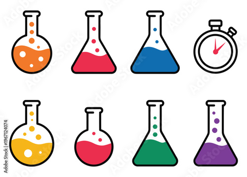 Colorful laboratory glassware collection representing scientific discovery and experimentation with diverse liquids in flasks and beakers, creative vector set illustrating modern laboratory work, chem