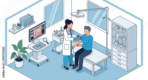 Doctor giving injection to patient in medical examination room.