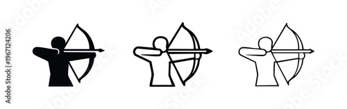Archer aiming with bow and arrow icon set.