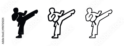 Martial Arts High Kick Icon Set, Karate Fighter Silhouette and Outline Symbol for Combat Sports