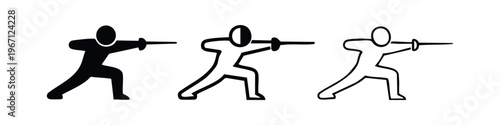 Fencing Sport Icon Set with Fencer in Lunge Position, Silhouette and Outline Graphics