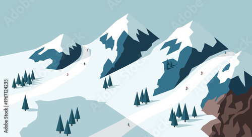 Snowy Mountain Peaks with Evergreen Trees and Ski Slopes.