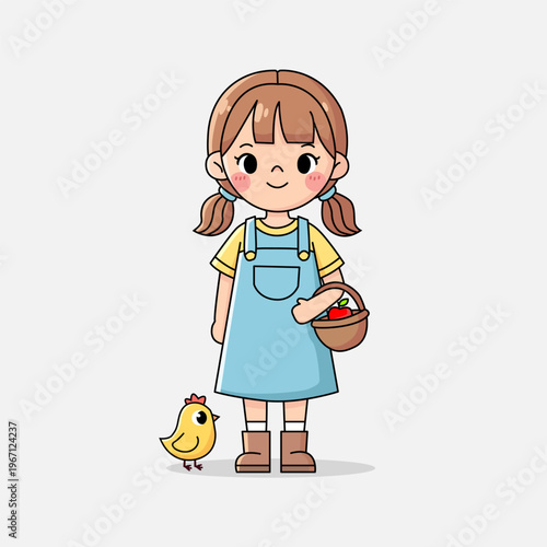 Cute Little Girl Farmer with Basket and Chick Cartoon Illustration