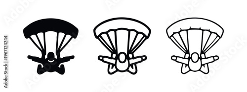 Skydiver with Parachute Icon Set, Parachuting Sport Silhouette and Outline for Extreme Adventure